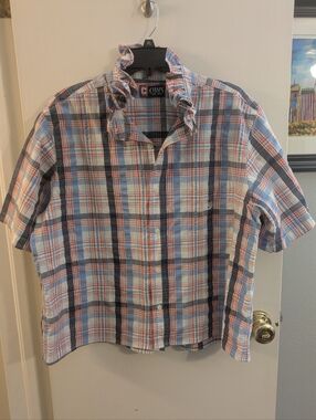 Upcycled Chaps Men’s Short-Sleeve Plaid Button-Up Shirt in Red/White/Blue